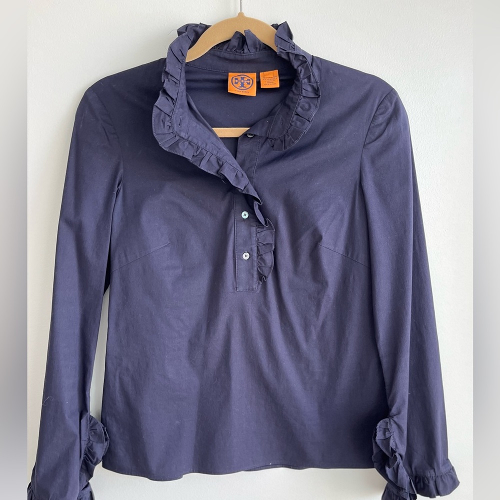 Tory Burch Navy Ruffled Blouse - Picture 2 of 4